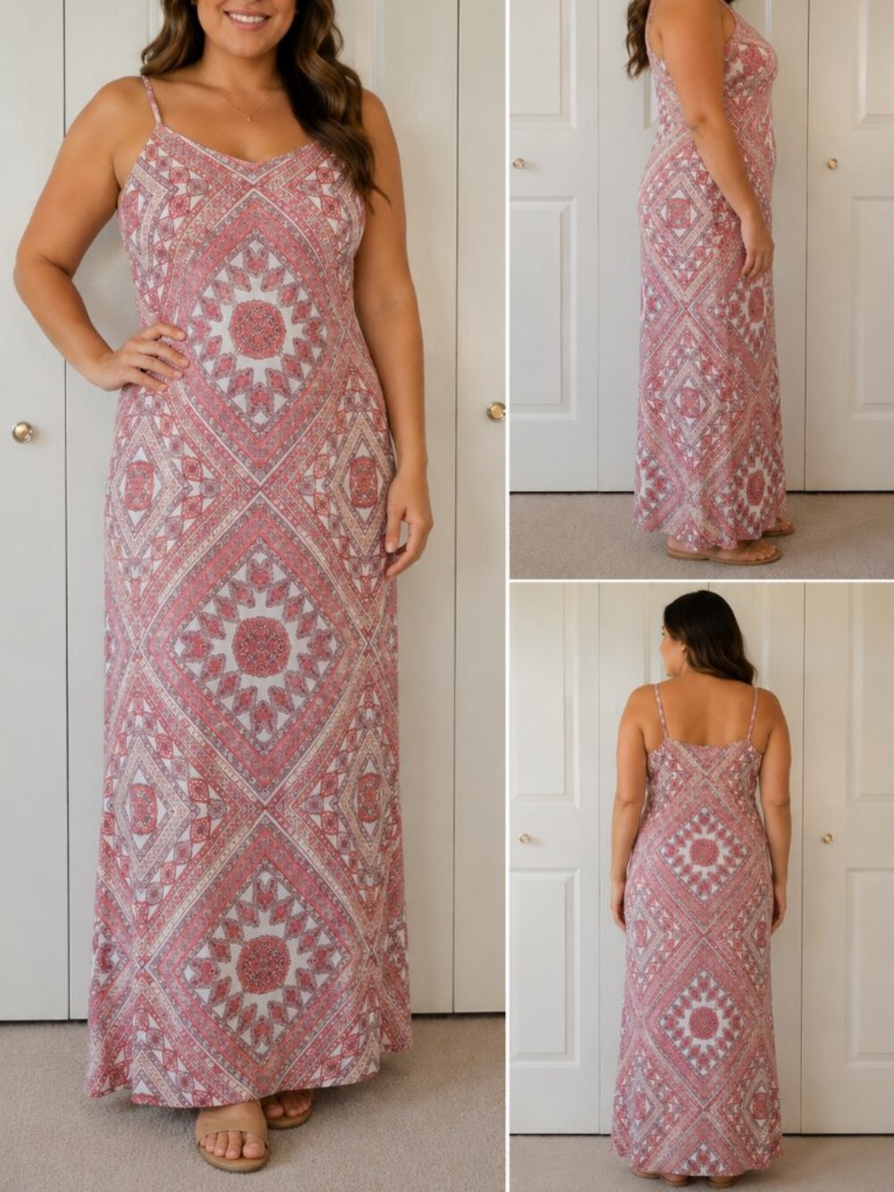 Skies Are Blue Boho Maxi Dress Large Coral Geo Print Adjustable Straps Festival
